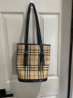 Burberry Beige Check Tote with Black Leather Trim
